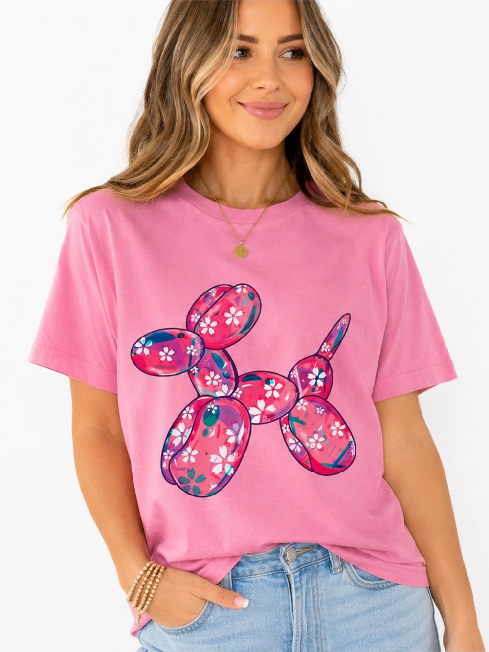 Pink Floral Balloon Dog Graphic T Shirt Sz M NWOT